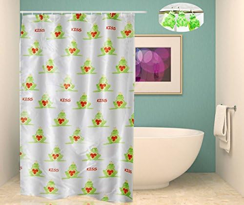 TwoFishes 72"72" Polyester Green Shower Curtain with 12 Resin Frog Decorative Hooks Bathroom Chorme Accessories Green Flower Fabric Children Kid Shower Curtain Set