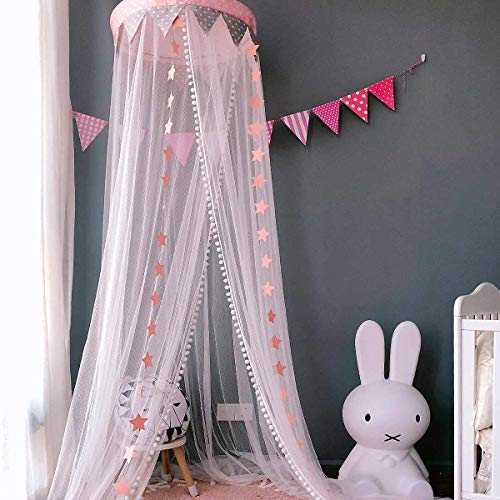 Dix-Rainbow Bed Canopy with Pom Pom Hanging Mosquito Net for Baby Crib Kids Twin Full Queen Size Bed, Lace Round Dome Fairy Netting Curtains, Kids Play Tent Reading Nook Castle Games House - Pink