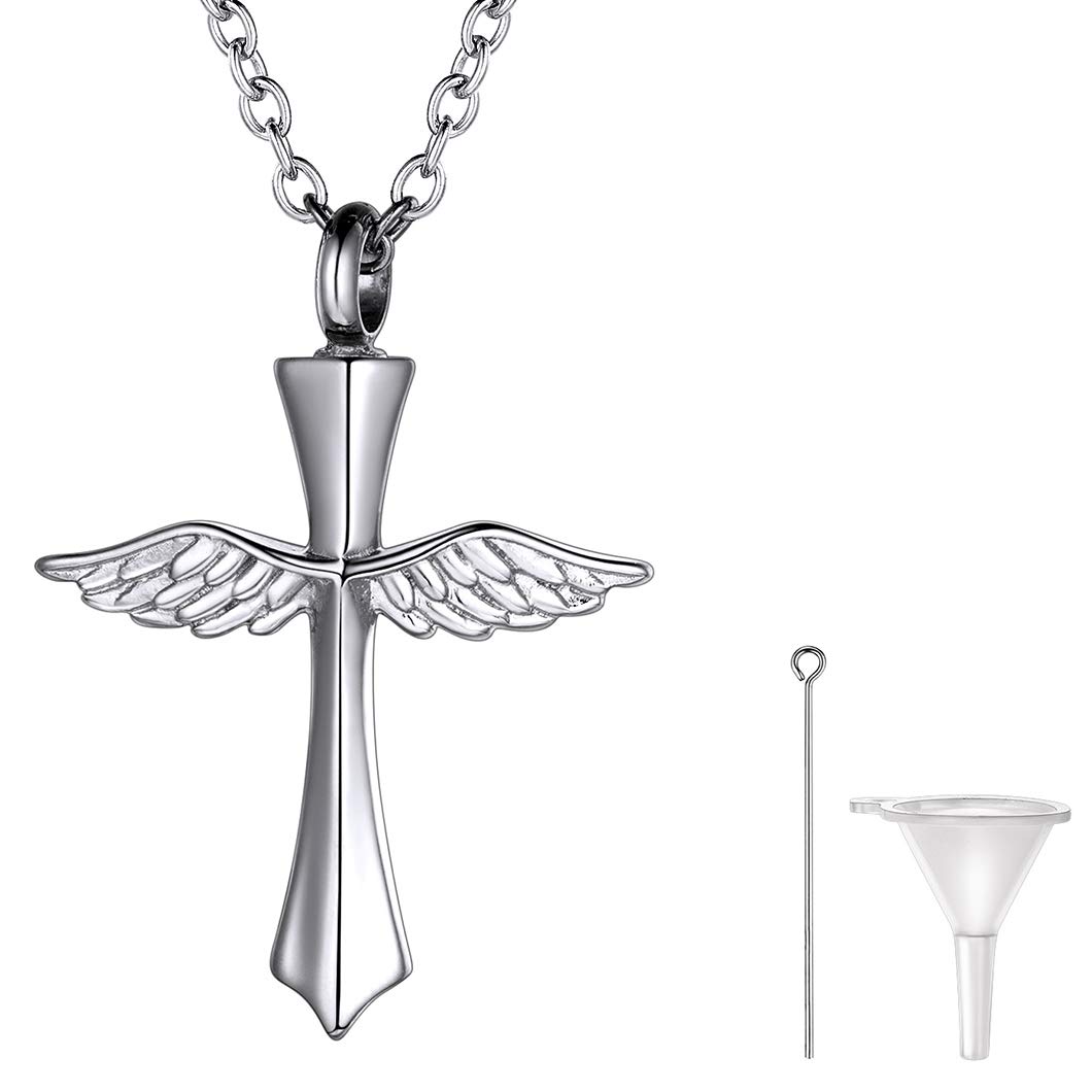 Richsteel Wings Cross Cremation Necklace, Crucifix Pendant With Resizable Rolo Chain(20"+2"), Can Put Ashes(With Tools), Stainless Steel Memory Religious Jewelry Cremains Necklace โ image 1