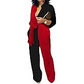 SeNight Women's Jumpsuits Elegant Business Casual Button Down V Neck Long Sleeve Strap Straight Long Pants With Pockets
