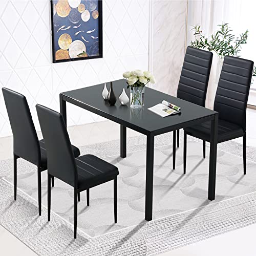 Black Glass Dining Table, Tempered Glass Top Table Metal Legs