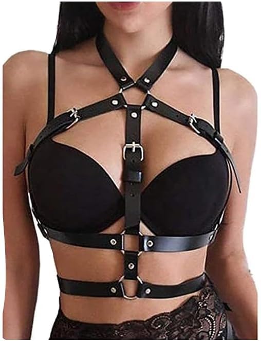Photo 1 of Ovnshery Punk Belt Goth Leather Body Chain Black Waist Chain Belts Sexy Adjustable Body Accessories for Women Girls