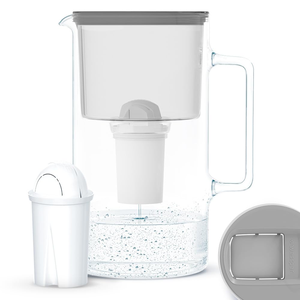 Wessper Glass Water Filter Jug, Incl. 1 Filter Cartridge Aquaclassic Filter| Reduces Lime & Chlorine And Eliminates Plastic Microparticles 3 Litre - Grey