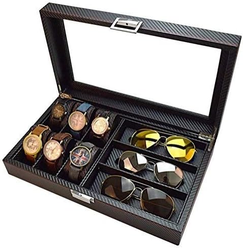 MGE UPS Systems Watch Storage Box,Black 6 Watch Box Jewelry Case Glasses Display Organizer Carbon Fiber Pattern