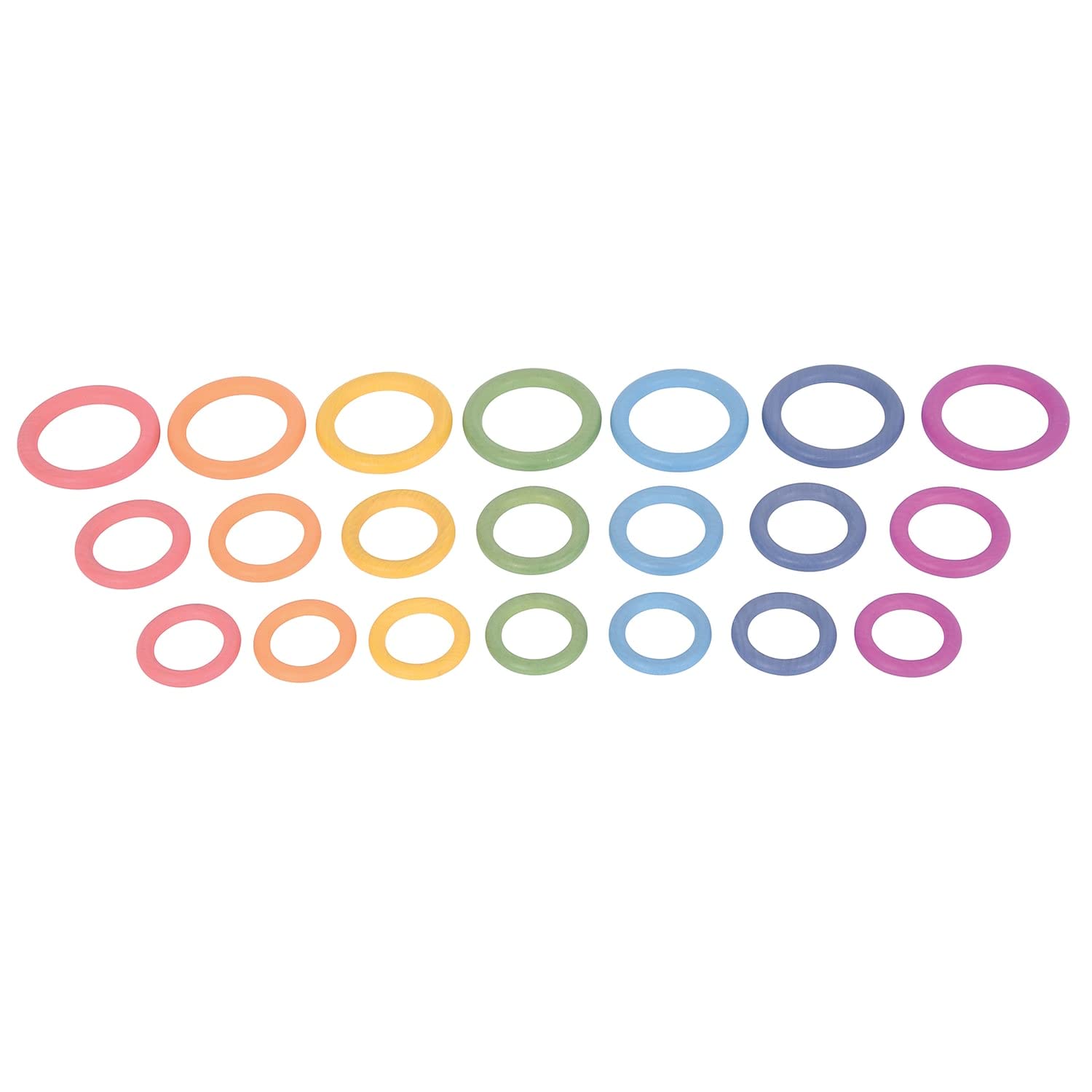 tickit Rainbow Wooden Rings – Pack of 21 Beechwood Rings in 7 Colours and 3 Sizes, Natural Sensory and Heuristic Play for Toddlers