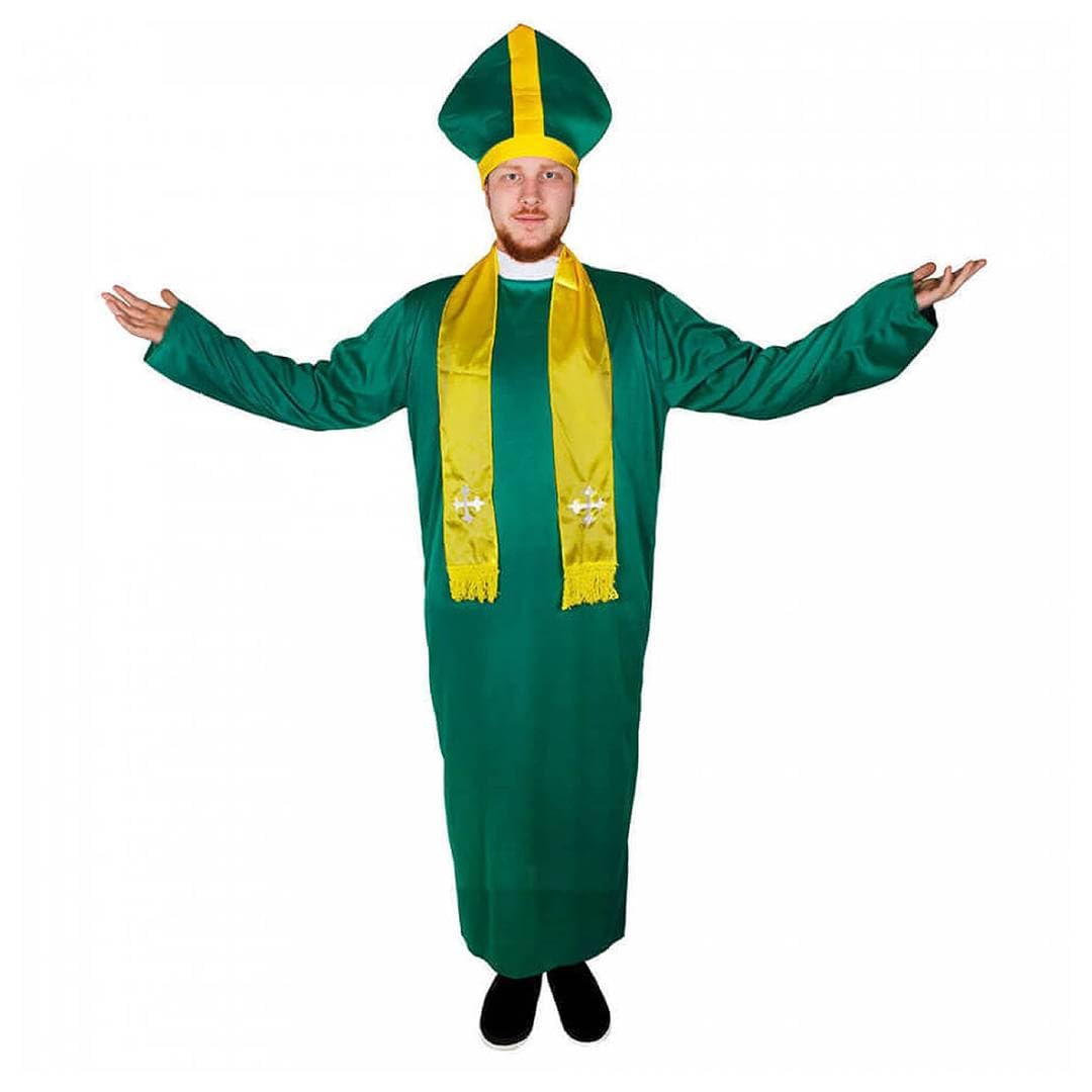 Adults Irish Priest Costume - Medium - Green Robe with Yellow Stole Scarf and Green & Yellow Priest Hat - Adults Ireland St. Patricks Day Catholic Fancy Dress Costume