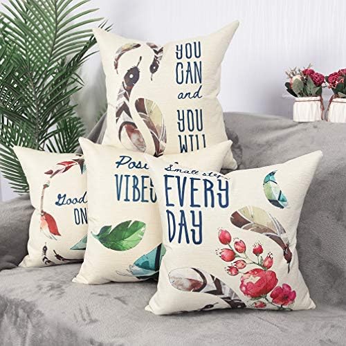 YINNAZI Feather Pattern Cushion Cover Flower Printed Decorative Throw Pillow Case Square Pillowcase for Couch 18 x 18 Inch Set of 4