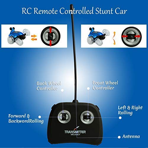 Dimple Blue RC Remote Controlled Stunt Car with 360 Front Wheels for Flipping, Spinning and Racing, Lights Up & Music - Thumbnail 4