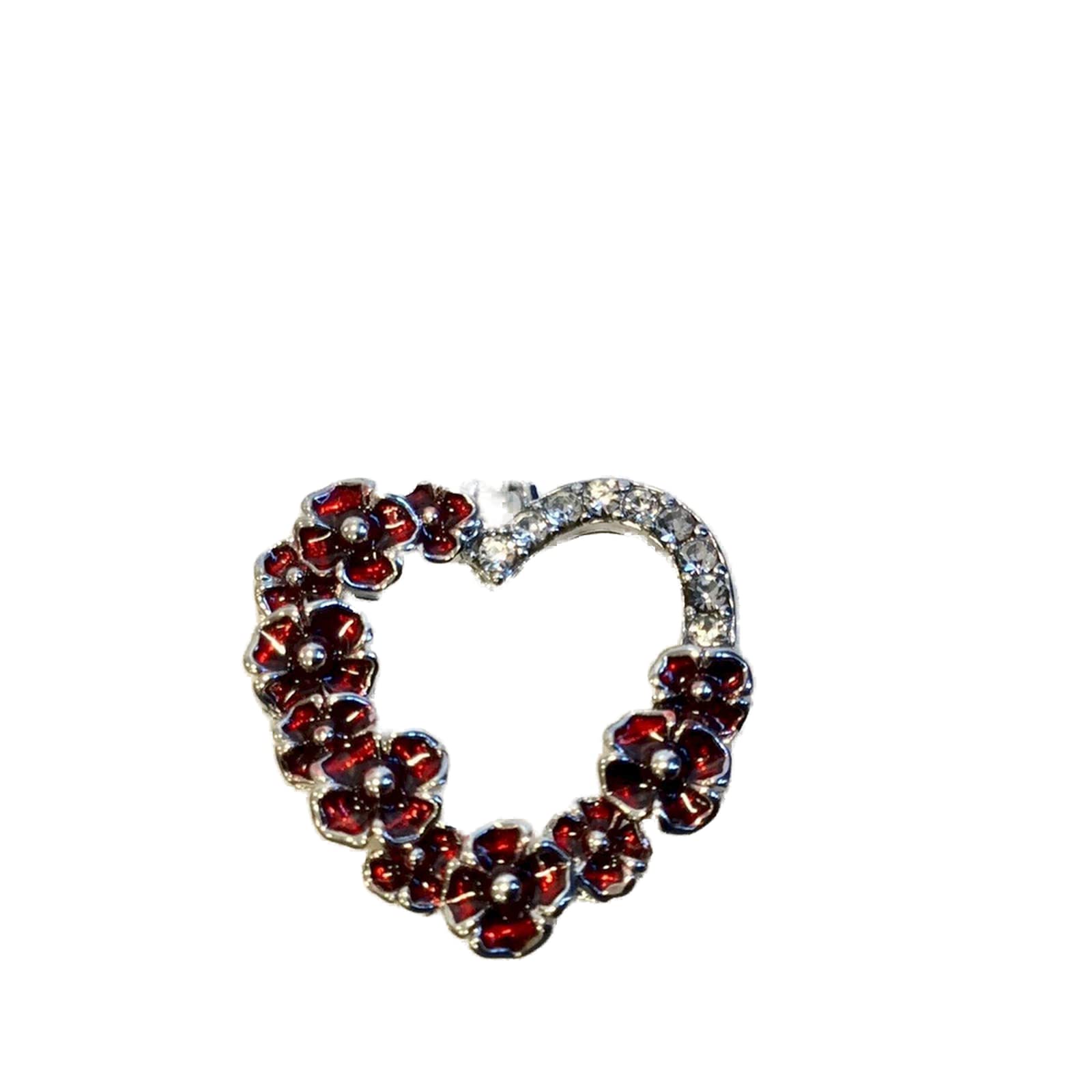 Silver Plated Red Poppy and Diamante Heart Necklace