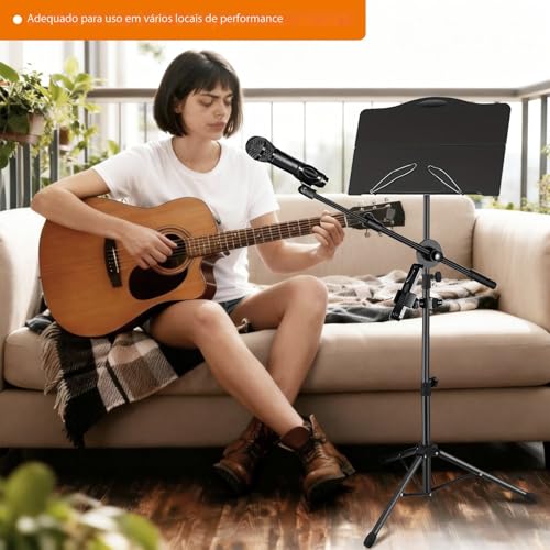 VEDO suporte de partitura é dobrável, possui suporte removível para microfone e telefone, é um dispositivo portátil e leve, com prendedor de partitura e bolsa para transporte de instrumentos musicais.