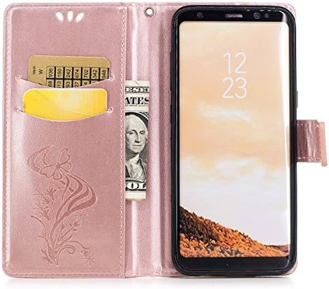 Galaxy S8 Case, SUMOON [Butterfly Embossed Series] Luxury Fashion PU Leather Magnet Wallet Credit Card Holder Flip Case Cover with Built-in 2 Card Slots &amp; Stand For Samsung Galaxy S8 (Rosegold)