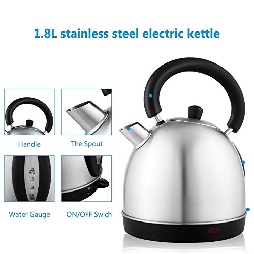 Click Here to See More Images Utheing 1000W 1.8 Liter Stainless Steel Electric Kettle with Auto Shut-Off Control, Coffee Kettle, Hot Water Heater Boiler
