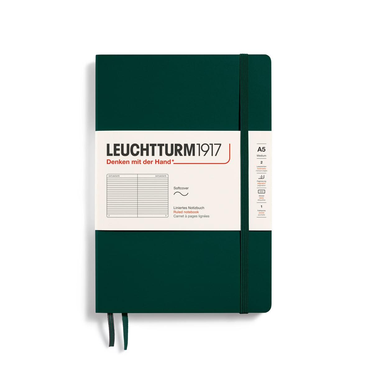 LEUCHTTURM1917 367270 Notebook Medium (A5), Softcover, 123 Numbered Pages, Forest Green, Ruled