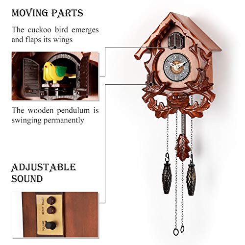 Cuckoo Wall Clock with Night Mode, Singing Bird and Carved Wood