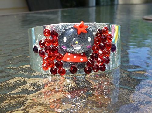 Glittering Kawaii Bear Cuff Bracelet Red and Black Kandi
