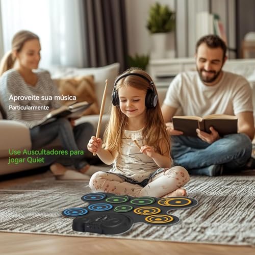 VEDO Bateria Eletrônica Infantil 10 Pads Sensíveis, Alto-Falantes Duplos, 2000mAh Bateria Recarregável, MIDI e Conexão para Fones - Kit Musical Portátil com 9 Músicas Demo e 10 Ritmos Crianças