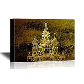 Vacation in Europe Canvas Wall Art - Building in Moscow - Landmarks in Golden Color Gallery Wrap Modern Home Art | Ready to Hang - 12x18 inches