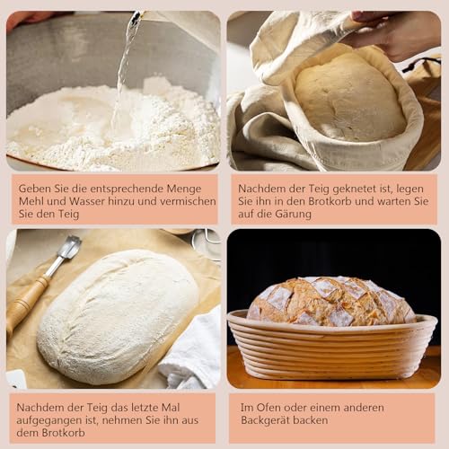 Set of 2 Proofing Baskets, Proofing Basket, Bread Set, Round and Oval Proofing Basket for Bread Baking Set, Bread Basket with Bread Knife with Five Blades, Washable Linen Insert, for Professional and Domestic Bakers