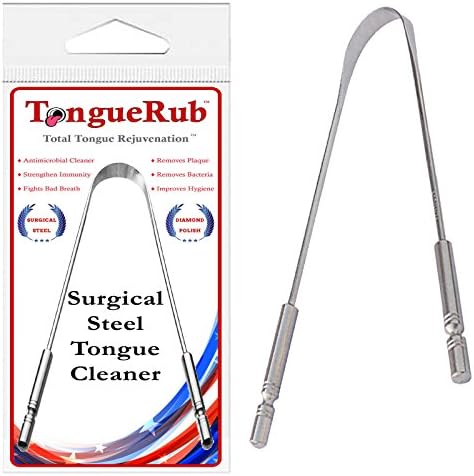 TongueRub Tongue Scraper Stainless Steel Surgical Grade Heavy Duty Bacteria Inhibiting Metal Tongue Cleaner Sterilizable Non-Synthetic Grip For Optimal Oral Hygiene, Fresh Breath &amp; Healthy Mouth Care