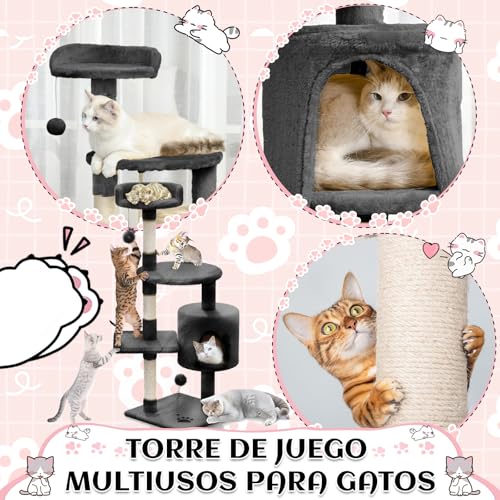 KongJies Torre para Gatos, 4 Niveles Torre Árbol Rascador con Poste Rascador, Torre Pequeño de Gatos con Plataforma Acolchada y Pompón, para Gatos Pequeños Medios (Gris Oscuro)