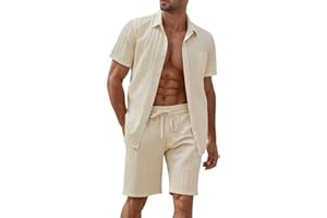 BEALIN Men's Short Sets 2 Piece Summer Beach Outfits Button Down Texture Pocket Shirts and Shorts Set