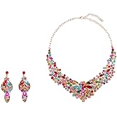 Beetoo Women Wedding Jewelry Sets for Bride Bridesmaid Bridal, Colorful Austrian Beaded Rhinestone Crystal Collar Necklace Choker Statement Necklace Dangle Earrings Set for Party Prom Jewelry
