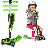 S SKIDEE Scooter for Kids with Folding Seat â€“ 2-in-1Scooter for Kids with Folding/Removable Seat â€“ 2 in 1 Adjustable Height, 3 LED Light Wheels, Kick Scooter for Girls & Boys (Green, Scooter)