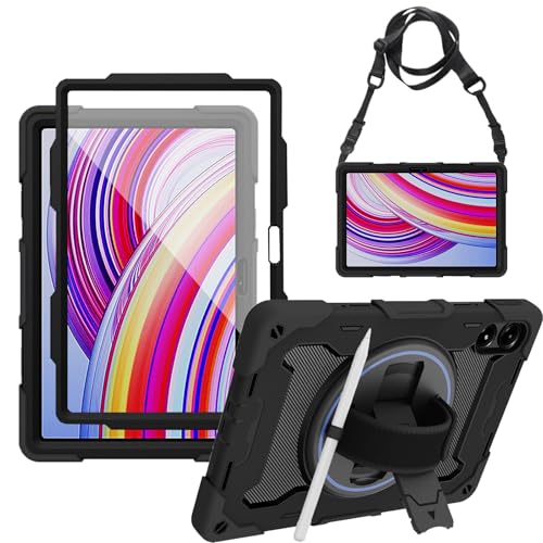 zenrich Shockproof Case for Xiaomi Redmi Pad Pro 12.1 Inch 2024, Rugged Armor Protective Case with Screen Protector, Rotating Stand, Hand Strap & Adjustable Shoulder Strap, Stylus Holder - Black
