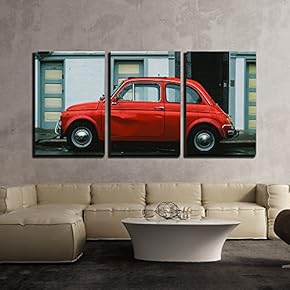 3 Piece Canvas Wall Art - Vintage Red Car on The Street - Modern Home Art Stretched and Framed Ready to Hang - 16"x24"x3 Panels