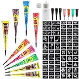 43pcs Free Tattoos Templet,Oruuum India Tattoo Ointment Kit, Conical Temporary Art Tattoos Painting, Black2, Brown, Lake blue, Red, Rosy red, 6Pcs (8_color)