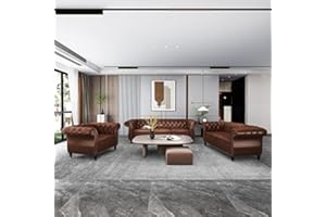 RARZOE 3 Pieces Living Room Furniture Sofa Sets,Modern Faux Leather Chesterfield Sofa&Chesterfield Club Chair&Chesterfield Loveseat Sofas Set with Nailhead Trim Scroll Arms for Living Room,Dark Brown