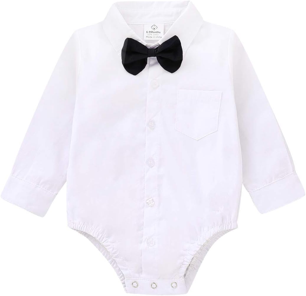 Infant Baby Boys Dress Shirt Bodysuit Formal Short Long Sleeve Rompers for Wedding Party