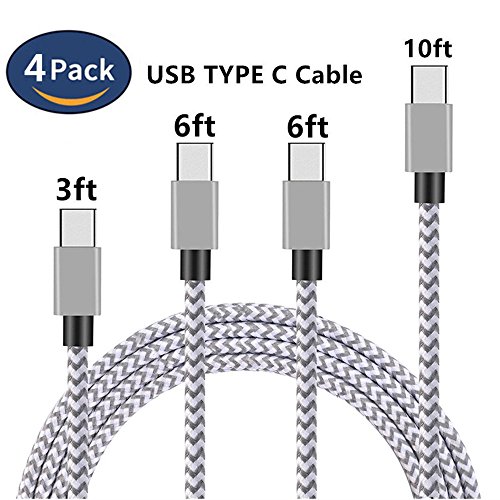 USB Type C Cable, VPR [4 Pack 3ft/6ft/6ft/10ft] Nylon Braided Type A to C Data Charging Cable for Samsung Galaxy S8/ S8+ Plus, Note 8, Z981, LG G6 G5, Nintendo Switch, Nexus 6P 5X (Silver White)