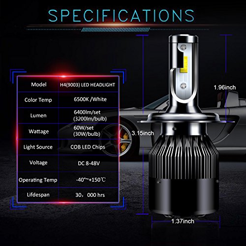 H4 LED Headlight Bulb - 6400 Lumen Extremely Bright 60w White 6500K Beam Bulbs Waterproof All-in-One Conversion Kit H4(9003) 2pcs with 2 Year Warranty by Ravmix