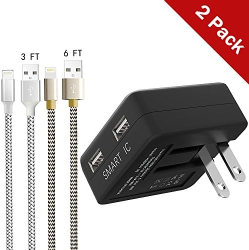 Aonear iPhone Charger, 2.4A 12W Rapid Dual USB Travel Wall Charger With 2 pack Long Lightning Cable for iPhone X/8/7/6S/6/ Plus/SE/5S/5C, iPod, iPad