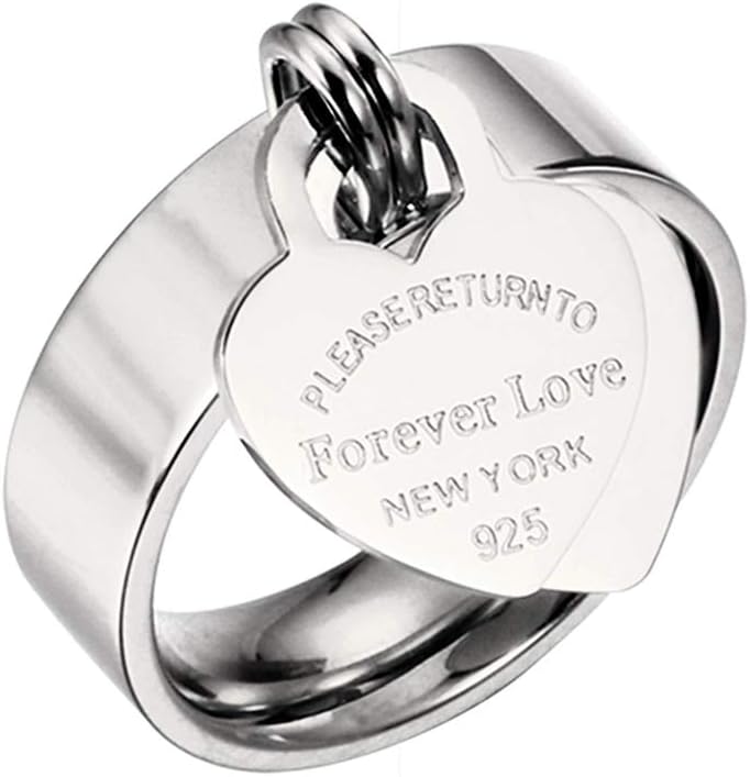 Designer Inspired Silver Titanium Steel Forever Love Heart Tag Ring