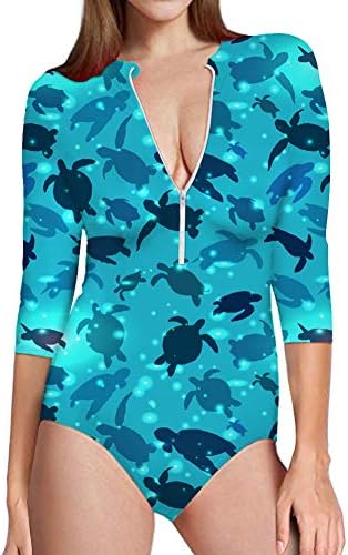 Womens One Piece Rashguard Swimsuit Fish Design Zip Front Beach Swimming Surfing Shirt Sun Protection