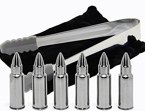 Godfather Whiskey Stones - Stainless Steel Bullet Shaped Whiskey Stones, Reusable, Longest Lasting, Stainless Steel Drink Chillers with Tongs and Storage Bag (Set of 6)