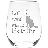 C M Cats and Wine Make Life Better Stemless Wine Glass - 17 oz - Funny Cat Lover Themed Gift for Men and Women