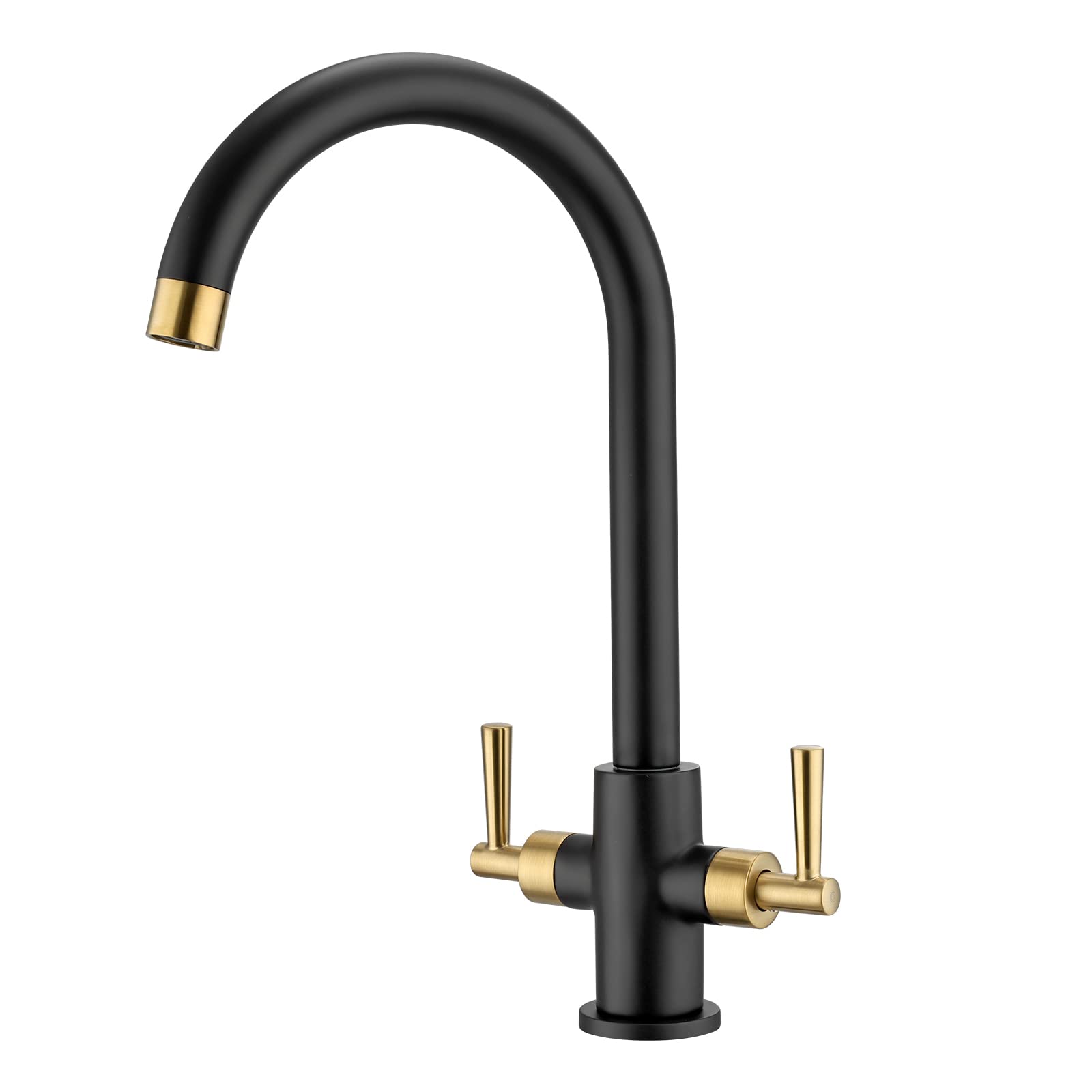 Peppermint Kitchen Tap Dual Lever Monobloc Kitchen Mixer Taps 1 Hole Matt Black and Brushed Gold Sink Taps for Kitchens Twin Lever Swan Neck Sink Mixer Tap