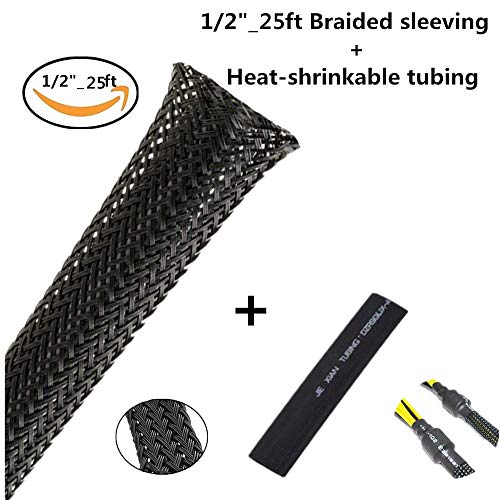 PET Expandable Braided Sleeving 1/2"- 25 FT Flexo Cable sleeving Braided Sleeve for Braided Wire Sleeve Management Cord Protecto Cable Sleeve Black Heat Shrink tubing