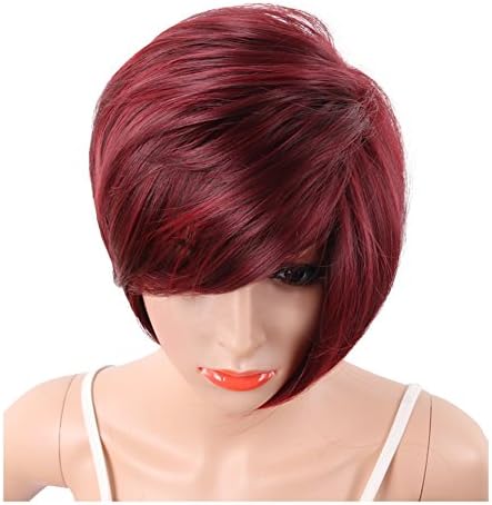 KRSI Short Pixie Cut Straight Bob Synthetic Wigs for Women Heat Resistant Costume African American Wigs with Bangs Natural Black Full Wigs That Look Real+Free Wig Cap