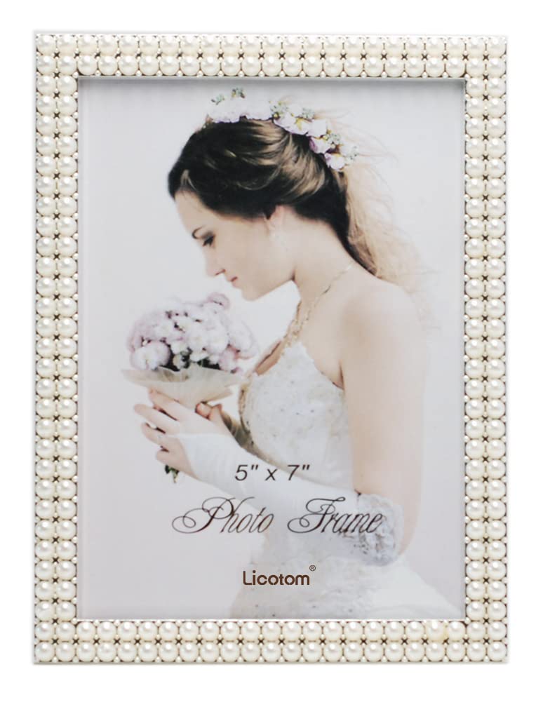 L&T Metal Picture Frame Silver Plated with Pearls 5x7 Inch, Special Occasion Anniversary Wedding Gift Photo Frame