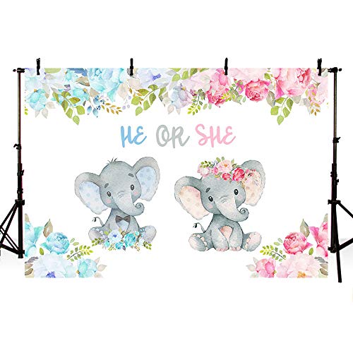 MEHOFOTO Gender Reveal Party Decoration Cute Elephant Baby Shower He or She Backdrop Flowers Photography Background Photo Banner 7x5ft