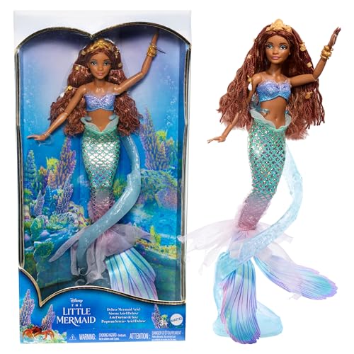 Mattel Disney La Sirenetta - Ariel Sirena Deluxe, bambola con coda iridescente, top metallizzato, perline per i capelli, piedistallo a forma di vortice, giocattolo per bambini, 6+ anni, HNF42