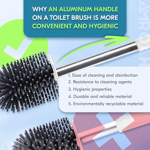 AMROAH Silicone Toilet Brush and Holder Set with Long Handle for Bathroom, Compact Cleaner Brush Toliet Bowl Floor Standing Plastic for Deep Cleaning Scrubber Under Rim