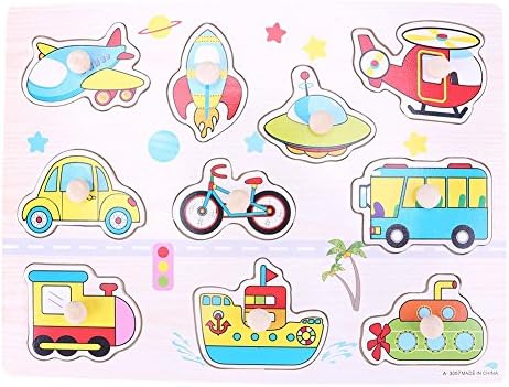 Silveroneuk Hand Grasp Knob Pegged Puzzle Wooden Vehicles Cognitive Board Children Toys