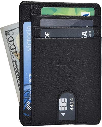 RFID Leather Front Pocket Slim Wallets- Genuine Leather Minimalist Credit Card Holder By Clifton Heritage (Black Saffiano)