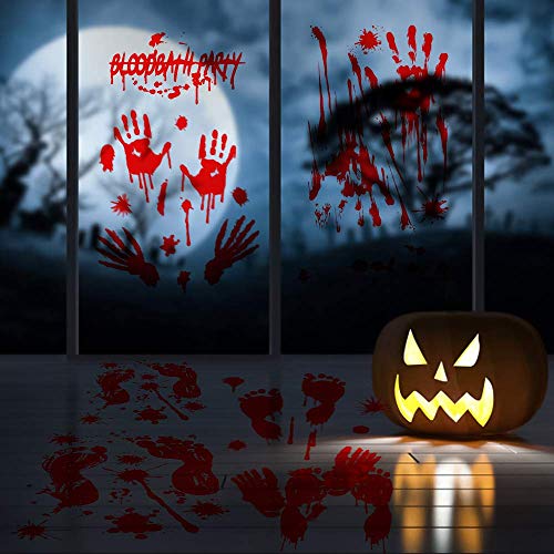 Hely Cancy Halloween Decorations Window Decals Wall Stickers Decor, 88 PCS Bloody Handprint Footprint Horror Bathroom Zombie Party Decorations Supplies,12 inches by 16 inches Sheet