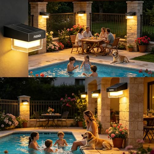 FASENZA Lámpara Solar Exterior: 400 Lúmenes, 3 Tonos de Luz Ajustables 3000K/4500K/6500K, Batería 1800mAh, IP65 Impermeable, para Jardín, Patio, Terraza, Pasillo, Valla, 2 Años de Garantía, 4 Piezas